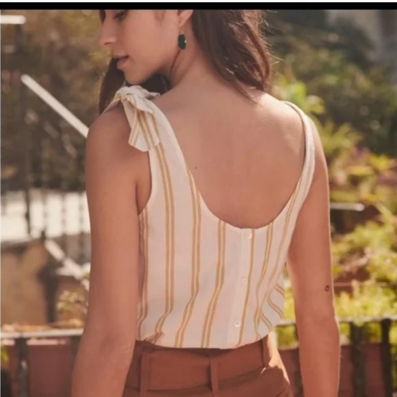 Sézane Rio Ecru Ocher Stripe Tie Shoulder Linen Blend Top 40/8 - Picture 2 of 9